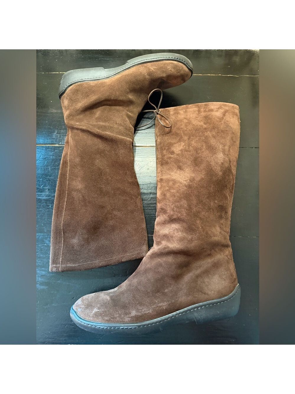 Ralph Lauren Tall Suede Boots Brown Rubber Soles Knee High Leather Tie 8.5 B - Picture 5 of 10
